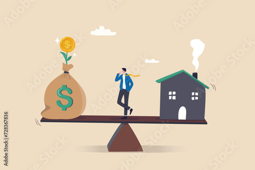 Decision between pay off mortgage or invest in stock market, most benefit or profit, financial decision, option to choose concept, businessman think between pay off mortgage and invest for profit.