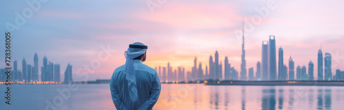 Emirati Man Contemplating at Waterfront.
Emirati man in traditional attire gazing at Dubai skyline during sunrise.