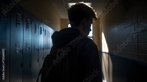 A young person, shoulders slouched, standing alone in a dimly lit school corridor