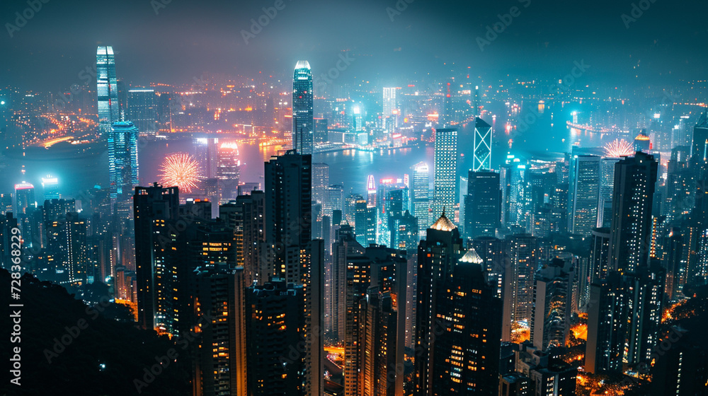 A stunning cityscape at night with colorful fireworks lighting up the sky, symbolizing the joyous celebration of Chinese New Year in an urban setting.  - obrazy, fototapety, plakaty 