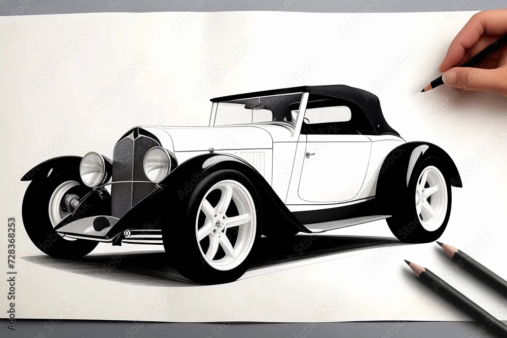 Artist hand drawn sketch of a 1930s era vintage car on white paper ...