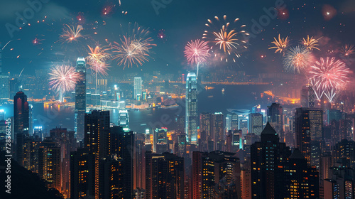 A stunning cityscape at night with colorful fireworks lighting up the sky, symbolizing the joyous celebration of Chinese New Year in an urban setting. 