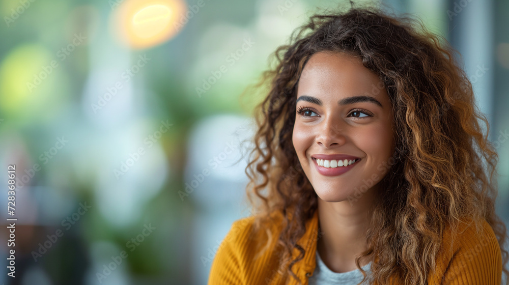 Fototapeta premium Woman With Curly Hair Smiling at the Camera