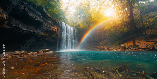 waterfall in the mountains  waterfall in the forest  waterfall on the rocks  waterfall in the mountains  a visually striking shot of a rainbow arcing