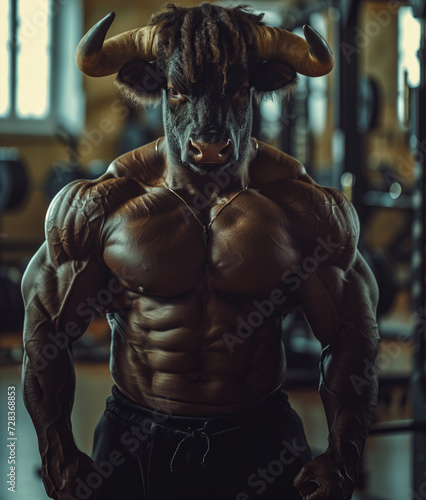 A medium body shot of a strong bull in a gym, bodybuilding concept illustration
