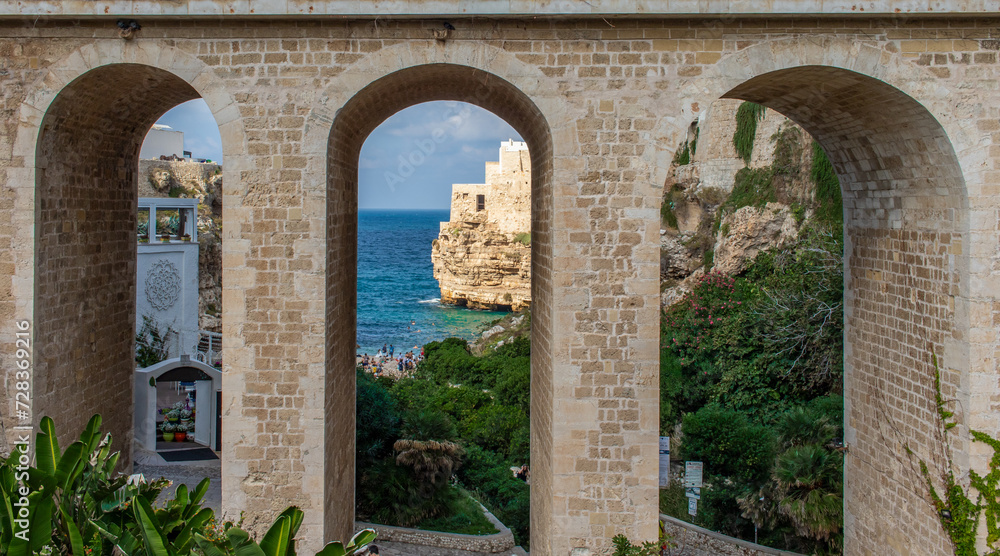 Polignano a Mare, Italy - one of the most beautiful cities on the Adriatic Sea, Polignano a Mare is a main landmark in Apulia. Here in particular the Bourbon Bridge