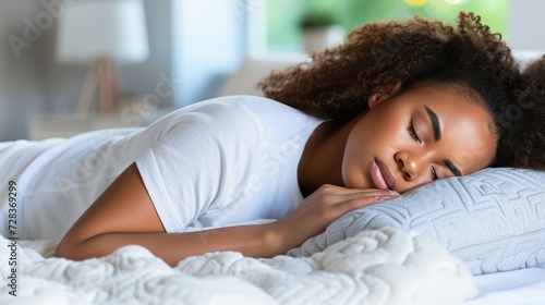 Happy young african american woman in white clothes sleeping peacefully on white bed with blanket photo