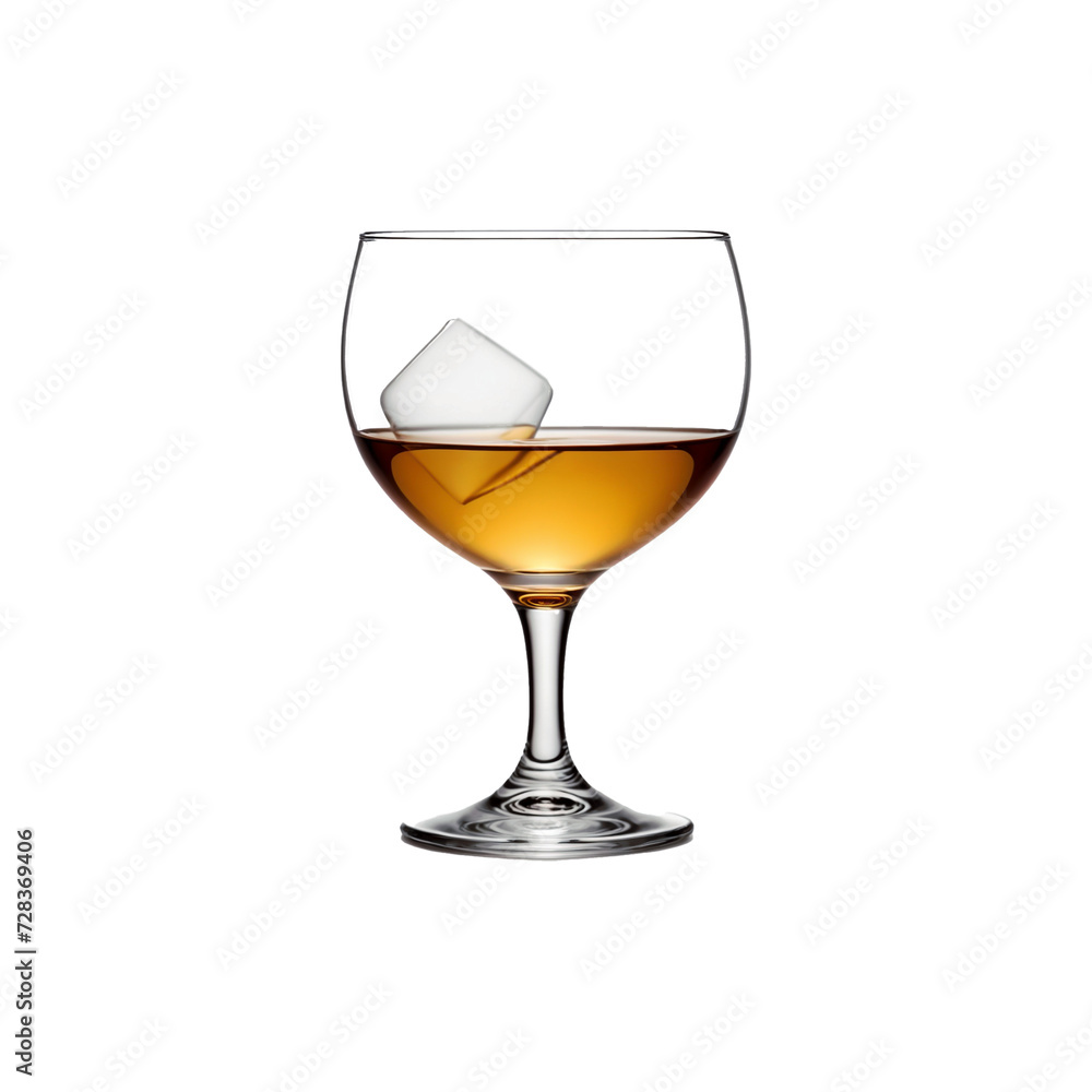 Bicchiere con liquore e cubetto di ghiaccio su sfondo trasparente