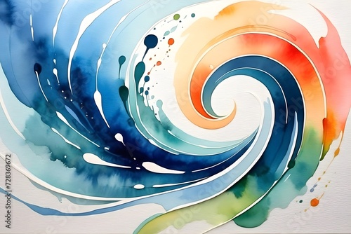spiral summer abstract blue, green and orange swirl watercolor textured background. wave curl paint twisted