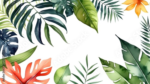 abstract watercolor tropical plants, flowers leaves and twigs on a white background, cover, banner, decoration, wallpaper