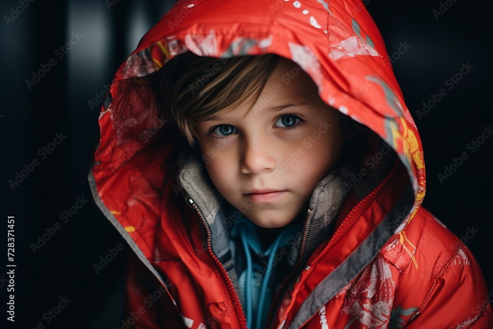 Portrait of a little boy in a red jacket with a hood Portrait of a little boy in a red jacket with a hood