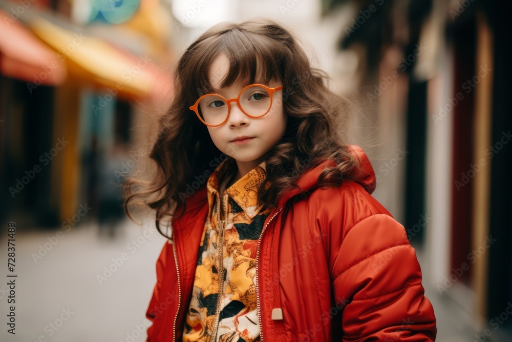 Portrait of a cute little girl in a red coat and glasses Portrait of a cute little girl in a red coat and glasses