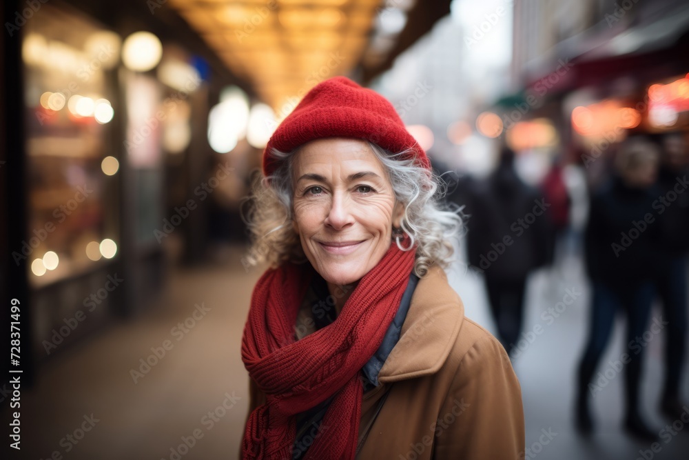 Portrait of happy senior woman in hat and scarf in the city. Portrait of happy senior woman in hat and scarf in the city.