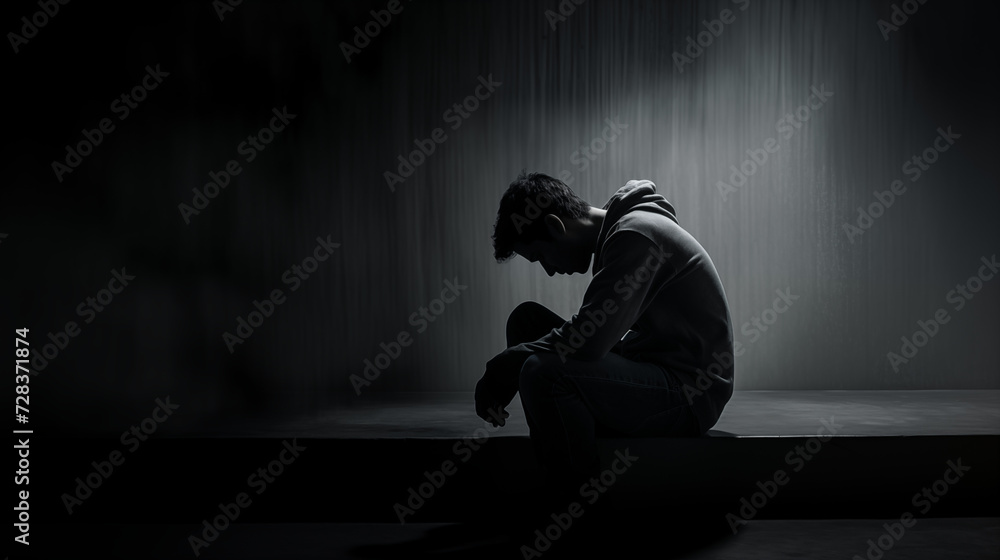 Silent Sorrow-AI-generated image portrays a man seated in solitude, his head bowed in contemplation or sorrow. The dramatic interplay of light and shadow captures a moment of personal anguish or deep Silent Sorrow-AI-generated image portrays a man seated in solitude, his head bowed in contemplation or sorrow. The dramatic interplay of light and shadow captures a moment of personal anguish or deep