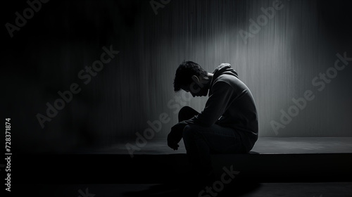 Silent Sorrow-AI-generated image portrays a man seated in solitude, his head bowed in contemplation or sorrow. The dramatic interplay of light and shadow captures a moment of personal anguish or deep  photo