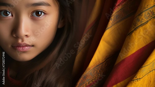 A closeup photograph of an Asian girl her features full of emotion and intrigue. Bright yellow and red hues pattern the fabric of her clothing a standin for her ancestors and the long photo