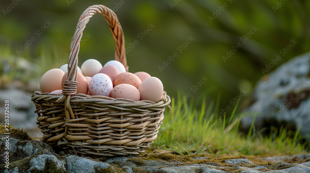 Eggs in woven basket. Natural chicken eggs in a old-school woven basket. Concept for easter and cooking. Eggs in woven basket. Natural chicken eggs in a old-school woven basket. Concept for easter and cooking.