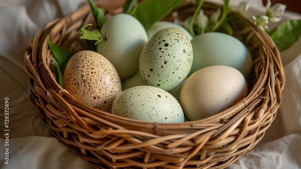 Eggs in woven basket. Natural chicken eggs in a old-school woven basket. Concept for easter and cooking.