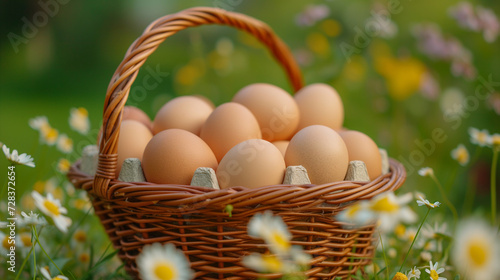 Eggs in woven basket. Natural chicken eggs in a old-school woven basket. Concept for easter and cooking.