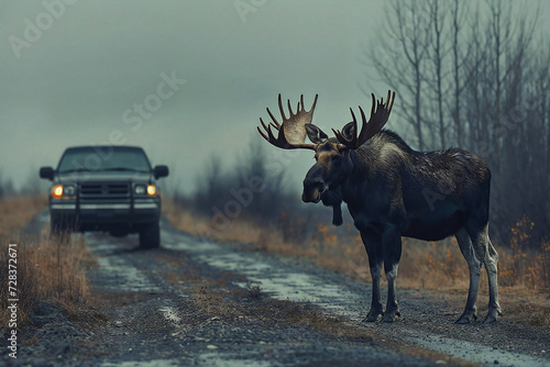 Moose stands frozen on the unpaved road.  The car is visible in the background. Generative AI image. photo