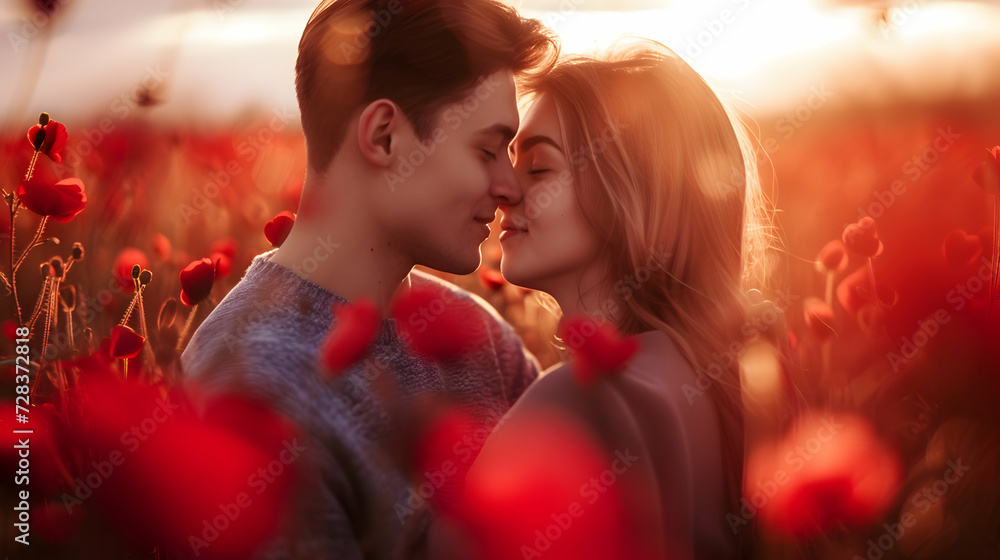 Young couple in embrace walking in a field full of red hearts. Concept of Valentine's day, love, happiness and freedom. Young couple in embrace walking in a field full of red hearts. Concept of Valentine's day, love, happiness and freedom.