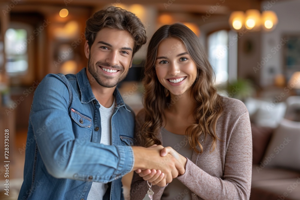 Smiling Couple Shaking Hands in a Modern Home Generative AI Smiling Couple Shaking Hands in a Modern Home Generative AI