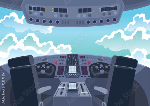 Airplane cockpit. Back view of cabin flying airplane. Inside cockpit during flight. Vector cartoon illustration