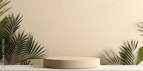 Simple and modern product presentation on beige background with podium and palm leaves.