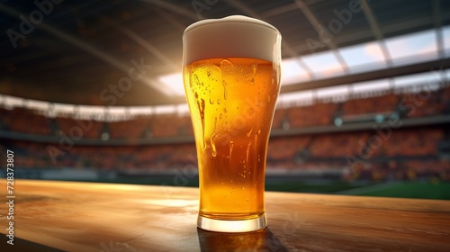 A glass filled with beer is placed on a sturdy wooden table, showcasing the rich amber color and frothy texture of the beverage. Generative AI