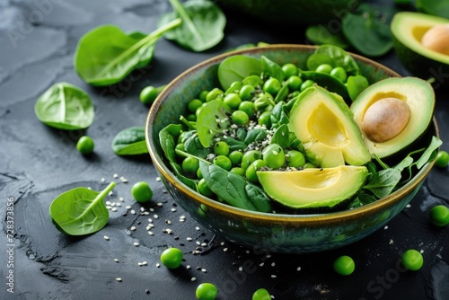 Green vegetable salad with spinach  avocado  green peas and olive oil in bowl.