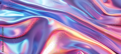 Iridescent chrome wavy gradient cloth fabric abstract background, ultraviolet holographic texture.