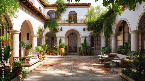 a Spanish colonial home with arched doorways, wrought iron details, and a tiled courtyard. 