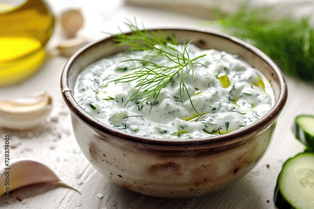 Traditional greek dip sauce or dressing tzatziki prepared with grated cucumber sour cream yogurt olive oil and fresh dill. Traditional greek dip sauce or dressing tzatziki prepared with grated cucumber sour cream yogurt olive oil and fresh dill.