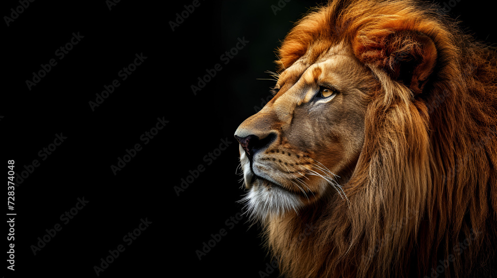 Lion. Color, realistic portrait of a lion's head on a black background with copy space. generative ai