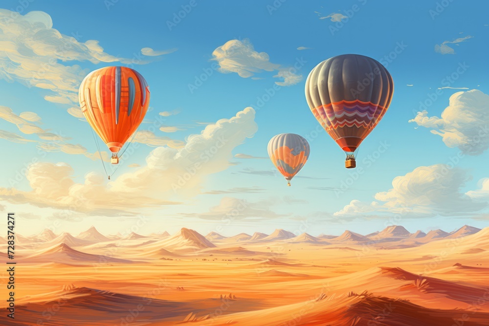 Obraz premium Three Hot Air Balloons Flying Over a Desert Landscape