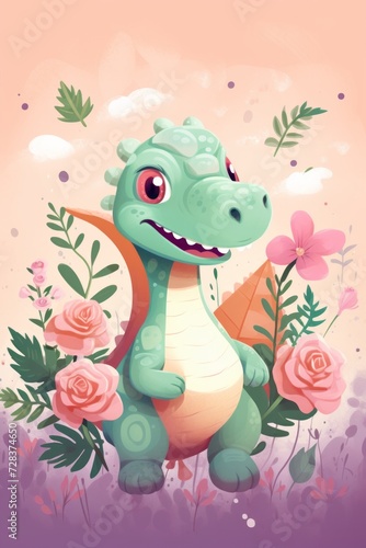 Cartoon Dinosaur With Flowers and Leaves