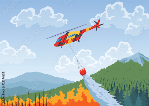 Helicopter extinguishing forest fire. Rescue air transport. Remote extinguishing of fires in mountainous areas. Combating natural disasters. Vector illustration