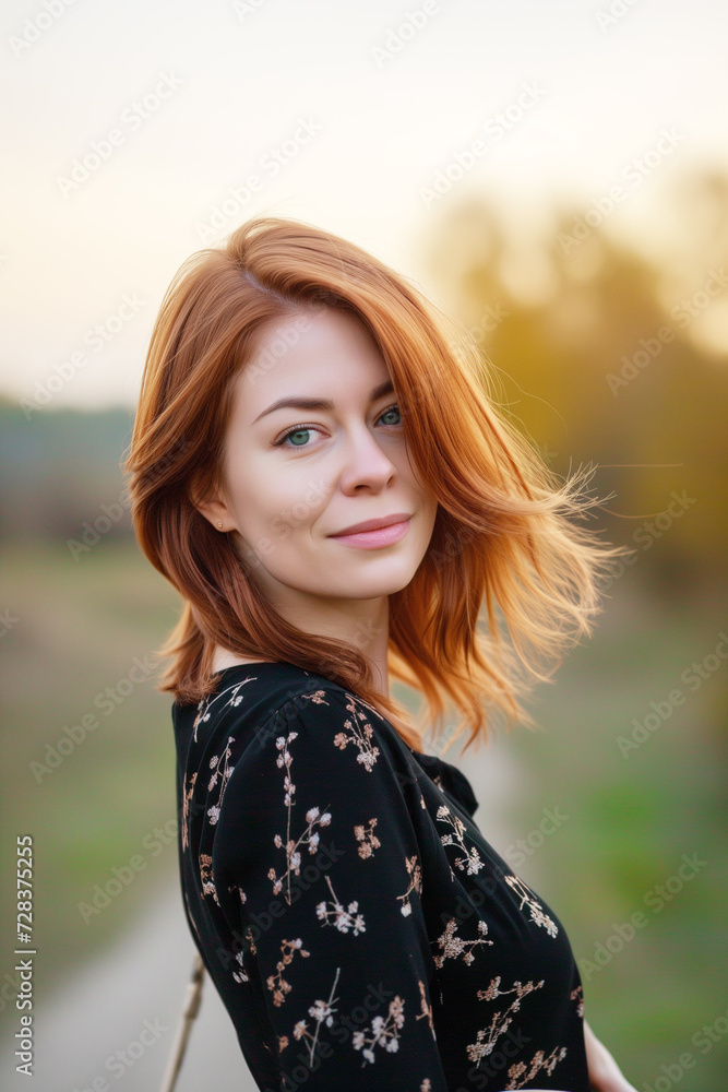 Realistic portrait of a charming beautiful girl with brown hair in the sunlight in nature. Realistic portrait of a charming beautiful girl with brown hair in the sunlight in nature.