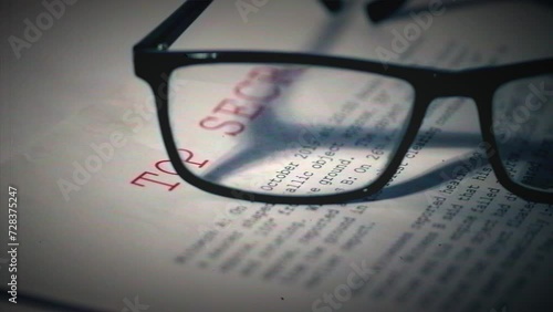 Top secret document with pair of glasses in damaged film vintage style  photo