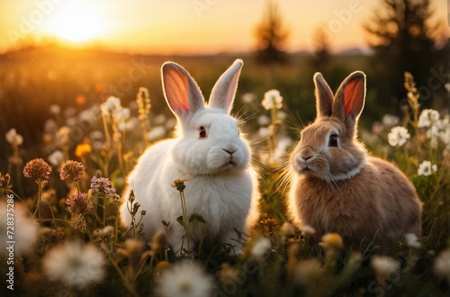 Two fluffy rabbits  one white and one brown  sitting in a field of wildflowers with the sun setting behind them