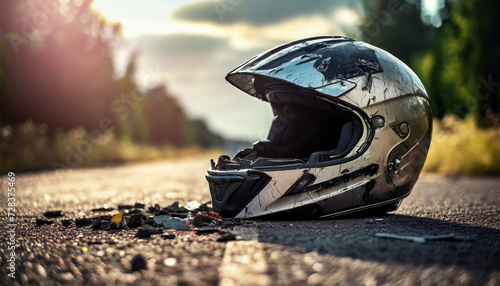 Close-up of a broken motorcycle helmet lying on the asphalt of a road after an accident. Generative Ai.