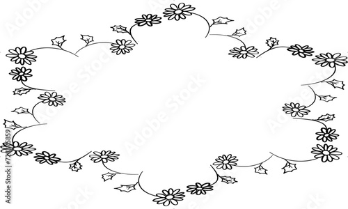 floral frame for your design, flower frame ring, daisy garland black and white line hand drawn in block line
