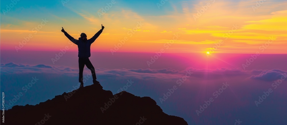 The silhouette of a man cheerful raise in his hand on the top of the mountain During sunset time