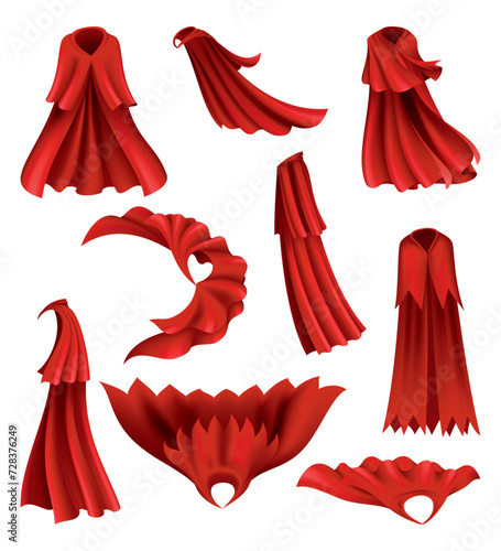 Superhero red cape in different positions, front and side view. Scarlet fabric silk cloak. Mantle costume or cover cartoon vector set
