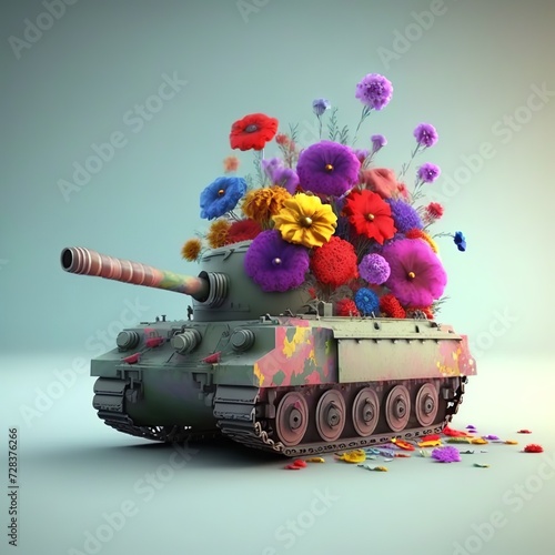 Toy tank fires a bouquet of flowers. Peace concept background 3D Rendering wouldn't peace be better? war zone sprocket solider cannon worldwar ukraine safety army military Generative AI photo