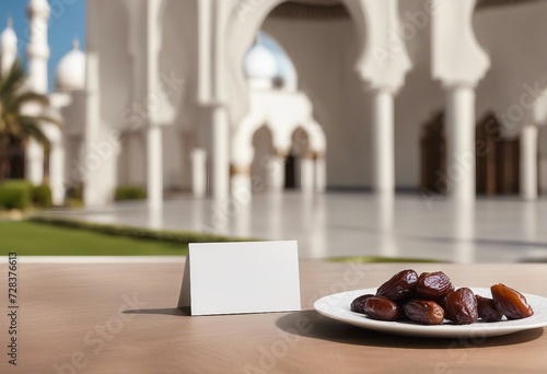 Mockup - ressource graphique - For the breaking of the fast of the month of Ramadan or Ramadan Kareem - White card and plate of dates - Mosque background. photo