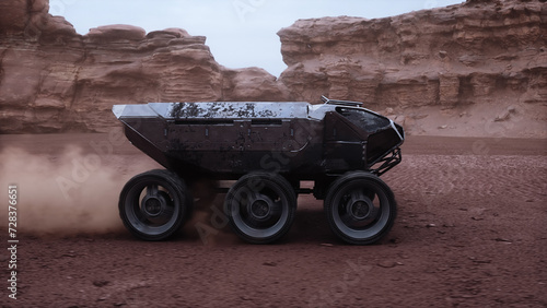 Electric rover on alien planet. Mars surface. 3d rendering.