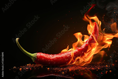 A flaming hot red chilli pepper on fire. Burning hot spicy chilli food