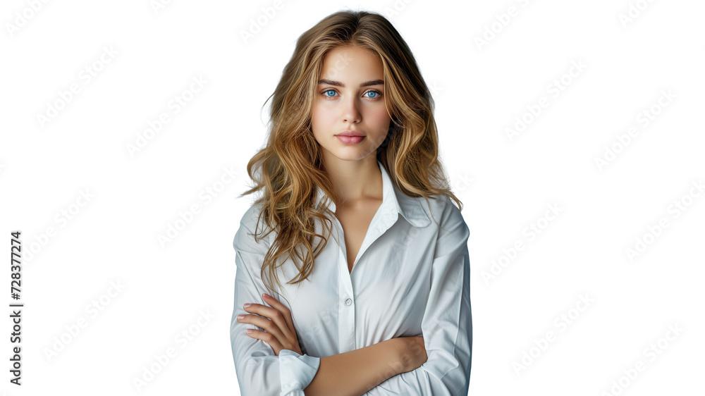 Caucasian successful confident young businesswoman CEO boss bank employee worker manager with arms crossed in formal wear, Die cut. Caucasian successful confident young businesswoman CEO boss bank employee worker manager with arms crossed in formal wear, Die cut.