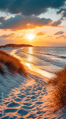 Fototapeta Naklejka Na Ścianę i Meble -  dunes covered with grass. AI generative.